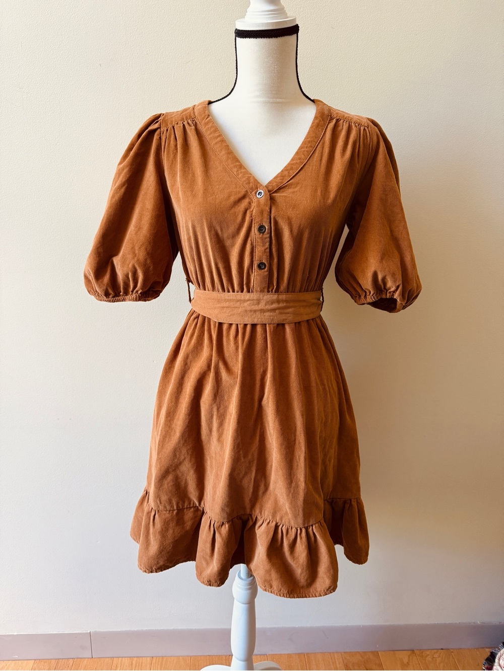 Lucky Brand Rust Brown V-Neck Puff Sleeve Mini Dress
